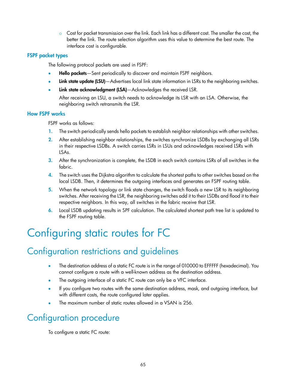 Fspf packet types, How fspf works, Configuring static routes for fc | Configuration restrictions and guidelines, Configuration procedure | H3C Technologies H3C S12500-X Series Switches User Manual | Page 74 / 136