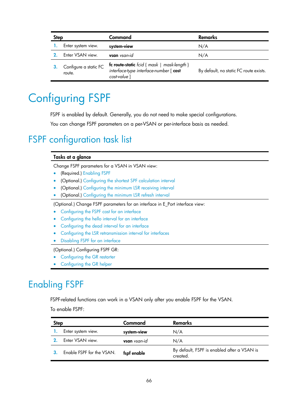 Configuring fspf, Fspf configuration task list, Enabling fspf | H3C Technologies H3C S12500-X Series Switches User Manual | Page 75 / 136