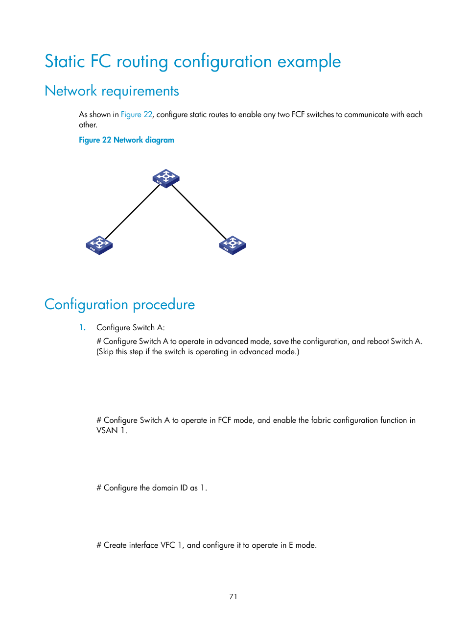 Static fc routing configuration example, Network requirements, Configuration procedure | H3C Technologies H3C S12500-X Series Switches User Manual | Page 80 / 136