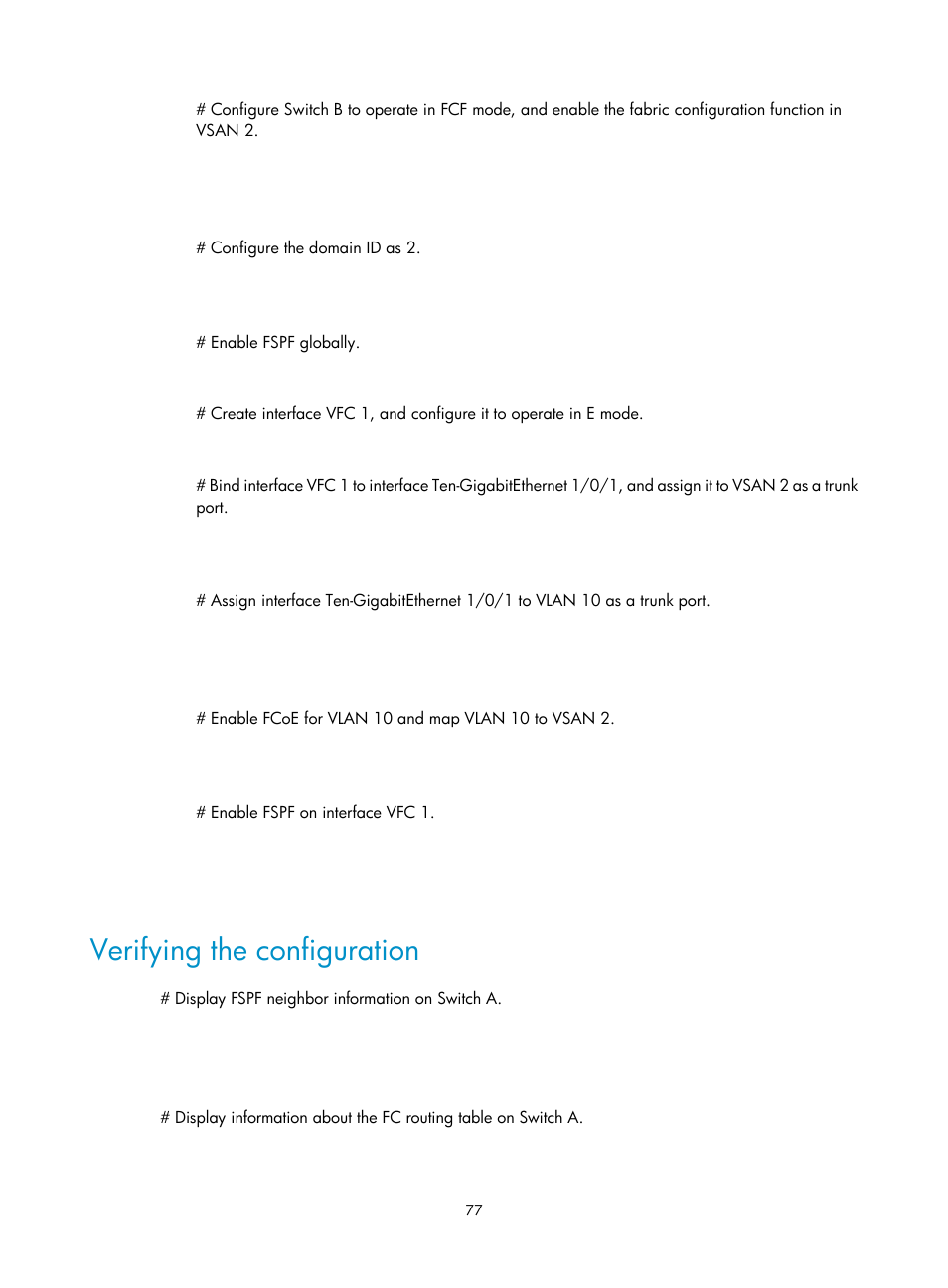 Verifying the configuration, Vsan configuration example, Network requirements | H3C Technologies H3C S12500-X Series Switches User Manual | Page 86 / 136