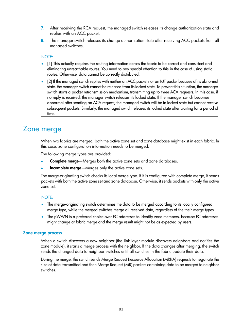 Zone merge, Zone merge process, Configuring fc routing and forwarding | Overview | H3C Technologies H3C S12500-X Series Switches User Manual | Page 92 / 136