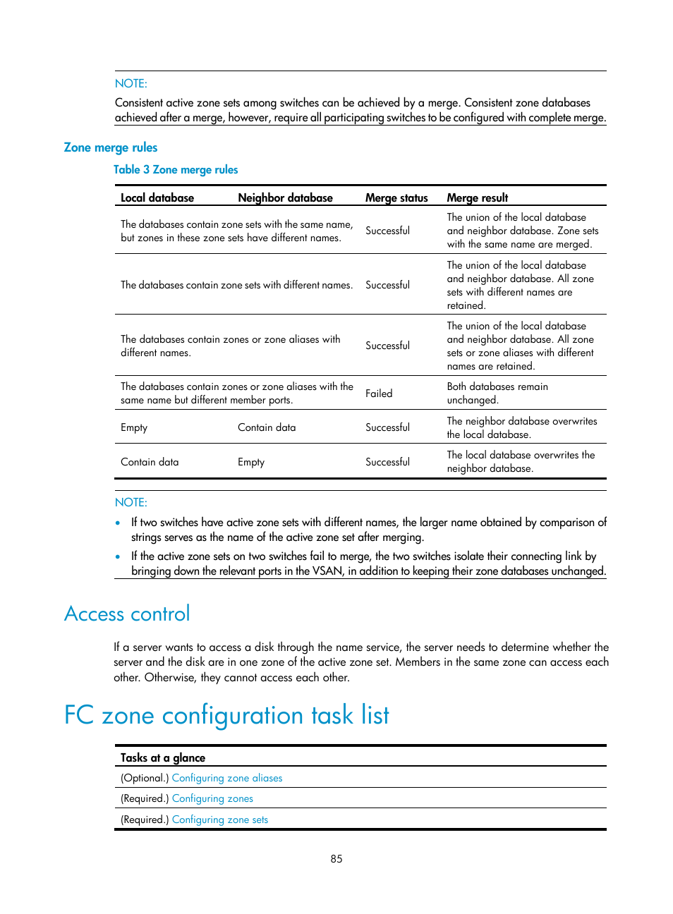 Zone merge rules, Access control, Fc zone configuration task list | Direct routes | H3C Technologies H3C S12500-X Series Switches User Manual | Page 94 / 136