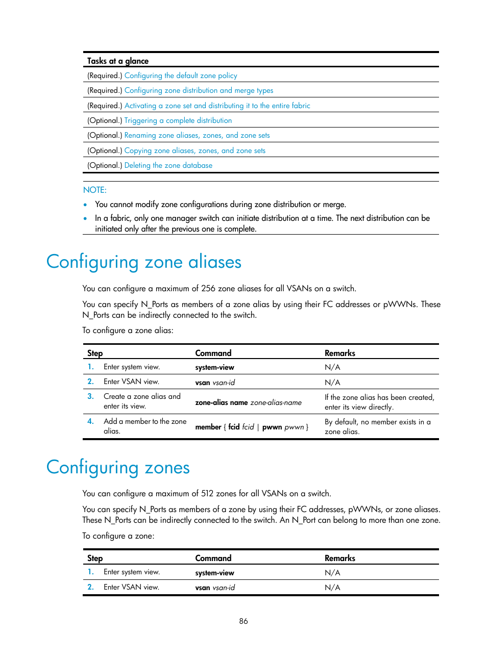 Configuring zone aliases, Configuring zones, Static routes | Fspf routes, Required.) | H3C Technologies H3C S12500-X Series Switches User Manual | Page 95 / 136