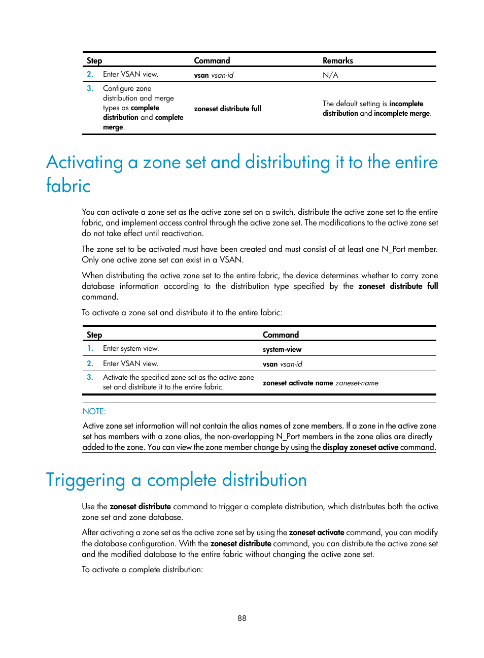 Triggering a complete distribution, Configuring static routes for fc, Configuration restrictions and guidelines | Configuration procedure, Configuring fspf, Required.) | H3C Technologies H3C S12500-X Series Switches User Manual | Page 97 / 136