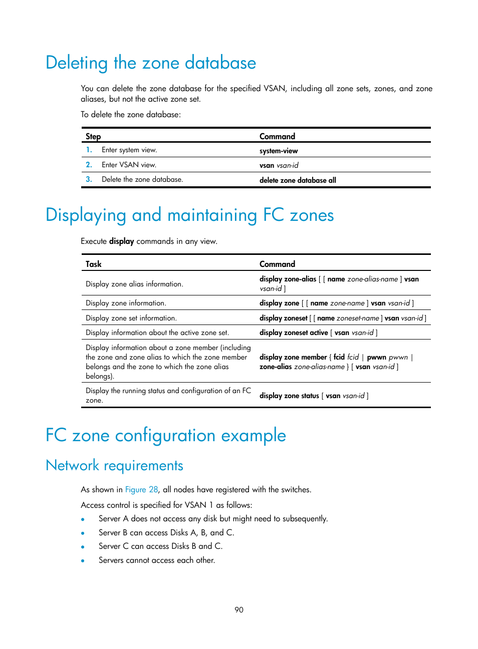 Deleting the zone database, Displaying and maintaining fc zones, Fc zone configuration example | Network requirements, Configuring the shortest spf calculation interval, Configuring the minimum lsr receiving interval | H3C Technologies H3C S12500-X Series Switches User Manual | Page 99 / 136