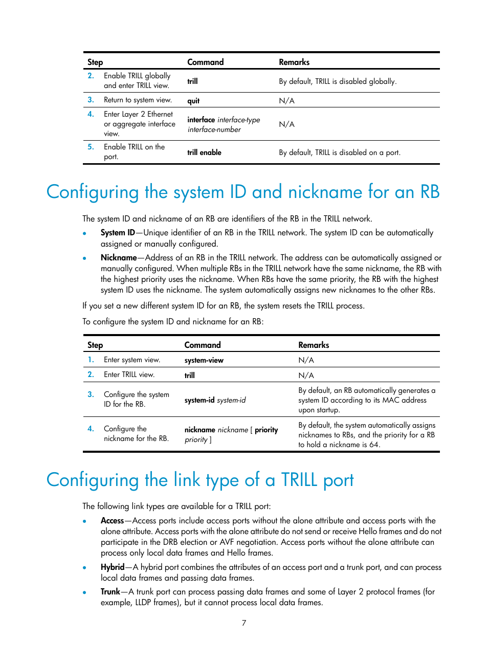 Configuring the system id and nickname for an rb, Configuring the link type of a trill port, Required.) | H3C Technologies H3C S12500-X Series Switches User Manual | Page 13 / 29