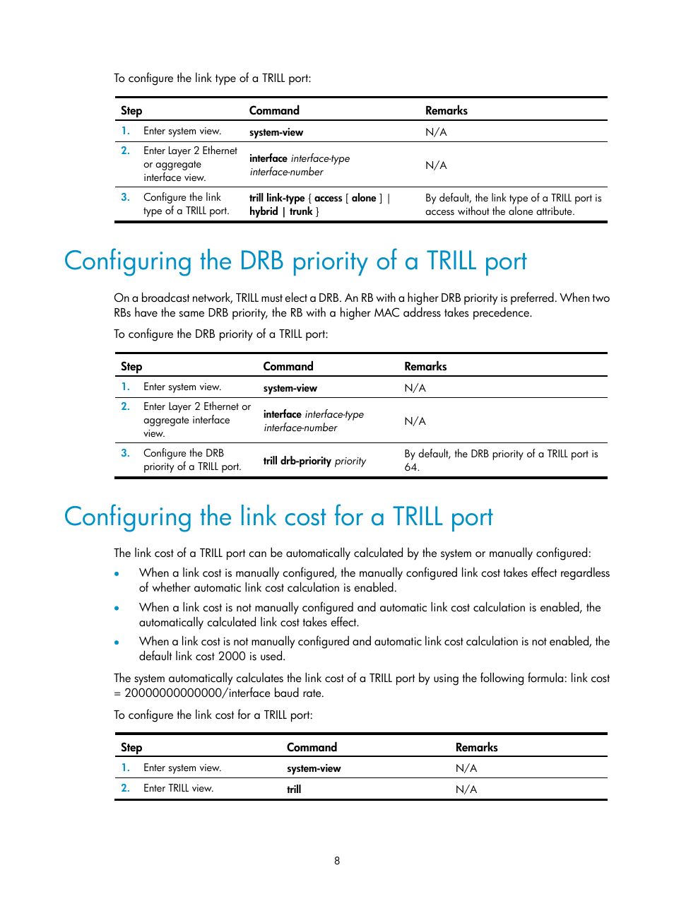 Configuring the drb priority of a trill port, Configuring the link cost for a trill port, Enabling trill | H3C Technologies H3C S12500-X Series Switches User Manual | Page 14 / 29