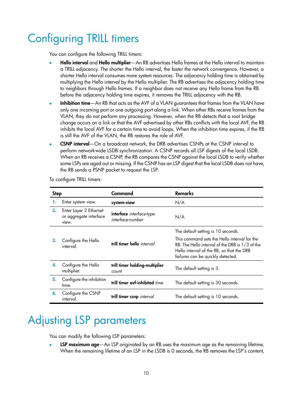 Configuring trill timers, Adjusting lsp parameters, Configuring the link type of a trill port | H3C Technologies H3C S12500-X Series Switches User Manual | Page 16 / 29