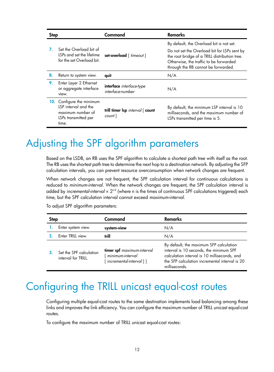 Adjusting the spf algorithm parameters, Configuring the trill unicast equal-cost routes | H3C Technologies H3C S12500-X Series Switches User Manual | Page 18 / 29