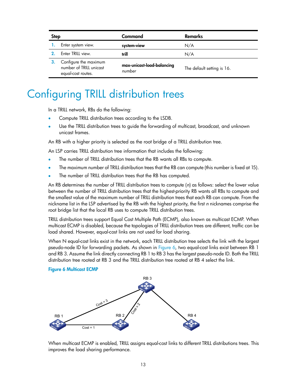 Configuring trill distribution trees, Configuring trill timers | H3C Technologies H3C S12500-X Series Switches User Manual | Page 19 / 29