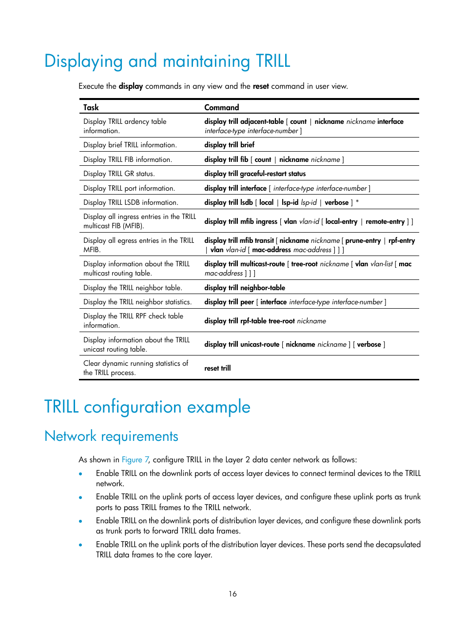 Displaying and maintaining trill, Trill configuration example, Network requirements | Adjusting the spf algorithm parameters | H3C Technologies H3C S12500-X Series Switches User Manual | Page 22 / 29