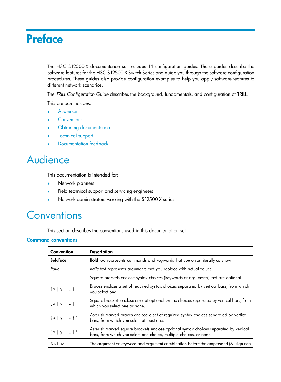 Preface, Audience, Conventions | Command conventions | H3C Technologies H3C S12500-X Series Switches User Manual | Page 3 / 29