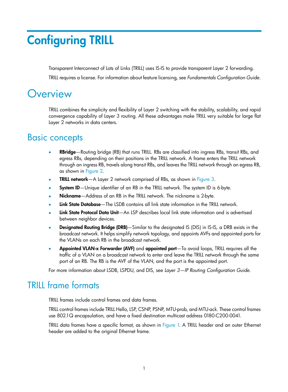 Configuring trill, Overview, Basic concepts | Trill frame formats | H3C Technologies H3C S12500-X Series Switches User Manual | Page 7 / 29