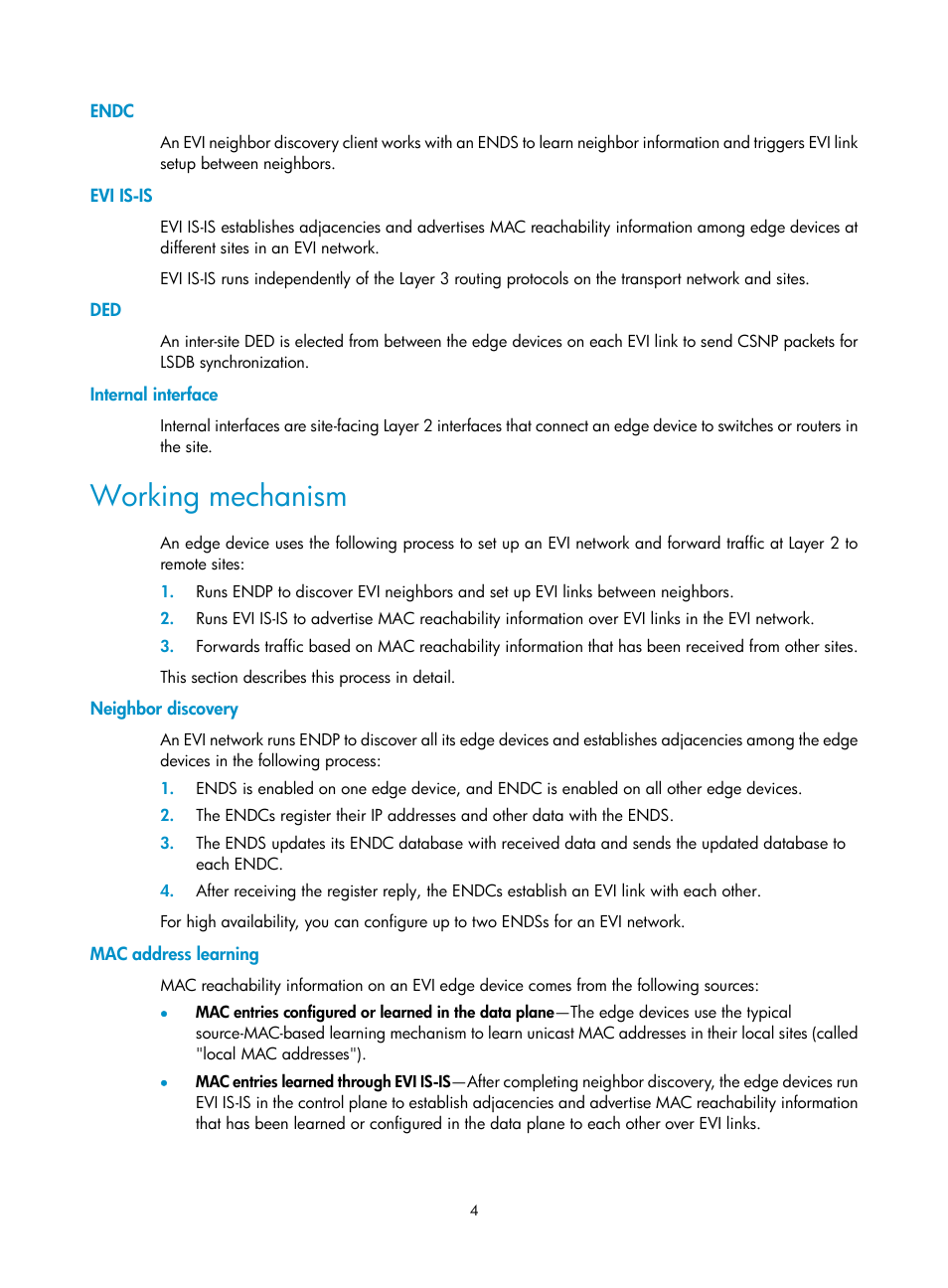 Endc, Evi is-is, Internal interface | Working mechanism, Neighbor discovery, Mac address learning | H3C Technologies H3C S12500-X Series Switches User Manual | Page 10 / 41