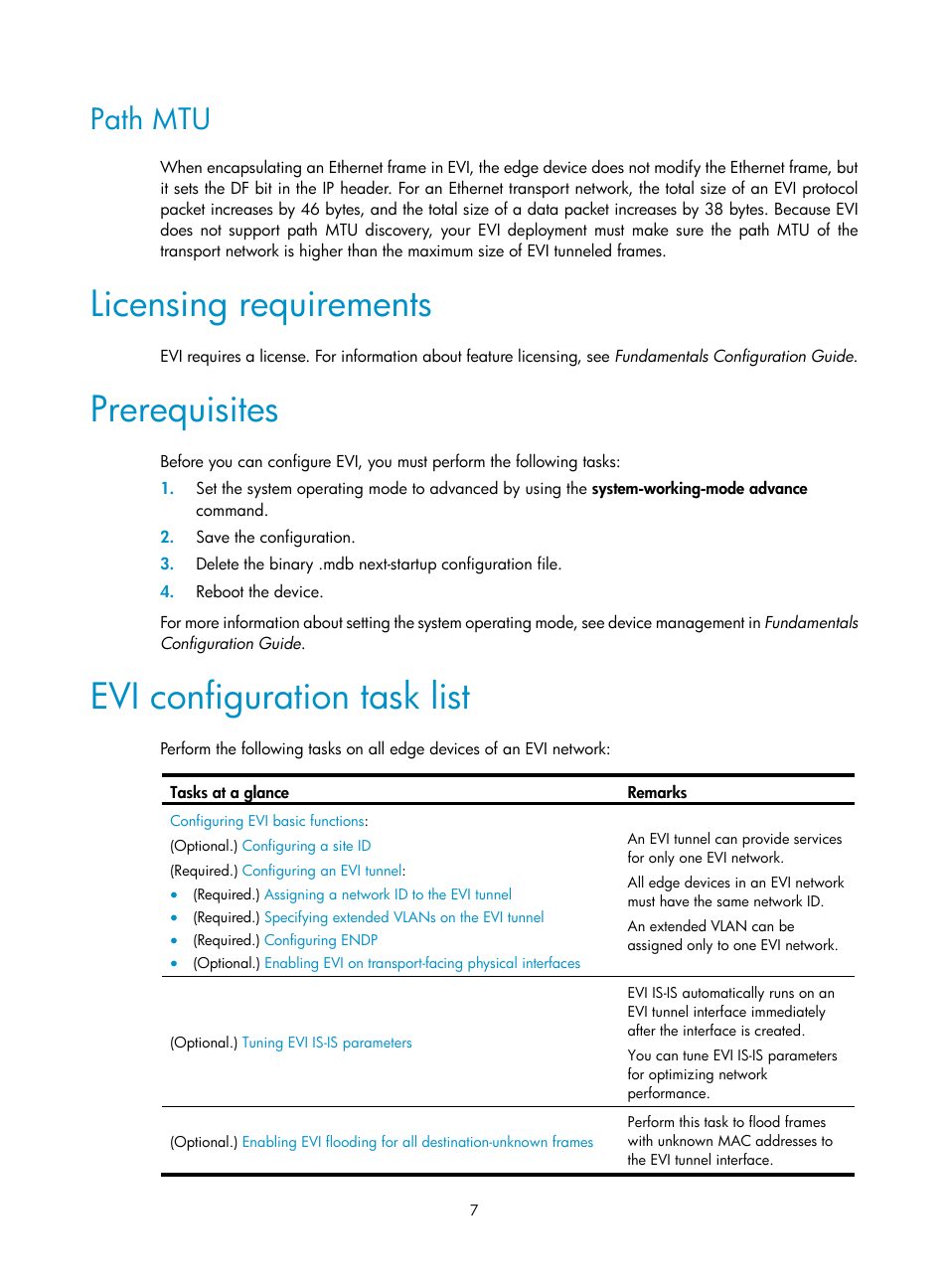 Path mtu, Licensing requirements, Prerequisites | Evi configuration task list | H3C Technologies H3C S12500-X Series Switches User Manual | Page 13 / 41