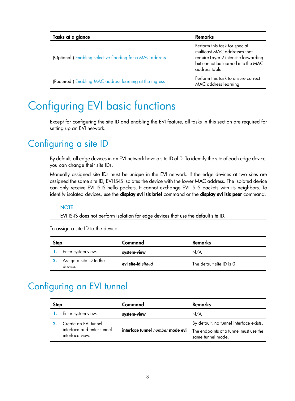 Configuring evi basic functions, Configuring a site id, Configuring an evi tunnel | H3C Technologies H3C S12500-X Series Switches User Manual | Page 14 / 41