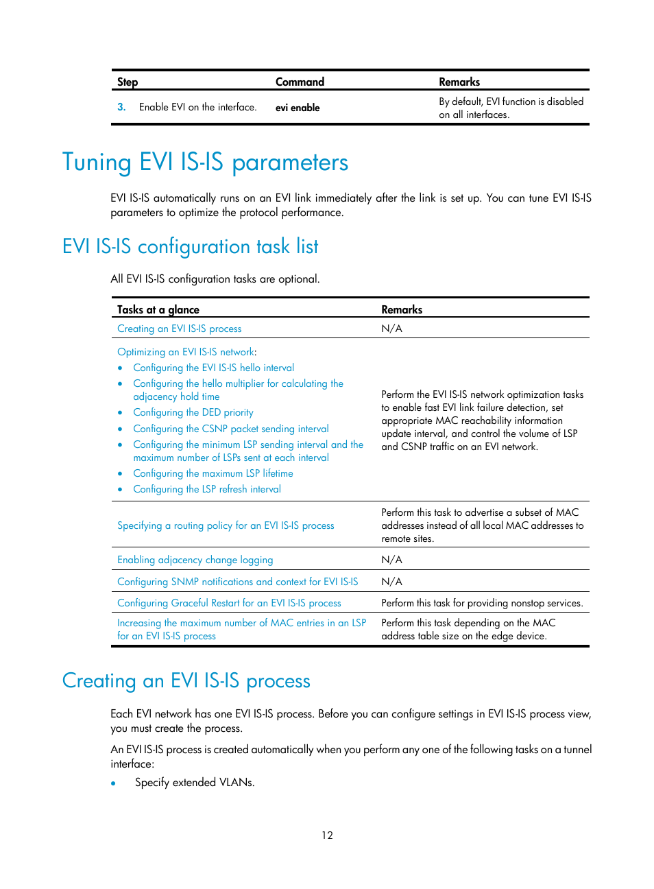 Tuning evi is-is parameters, Evi is-is configuration task list, Creating an evi is-is process | H3C Technologies H3C S12500-X Series Switches User Manual | Page 18 / 41