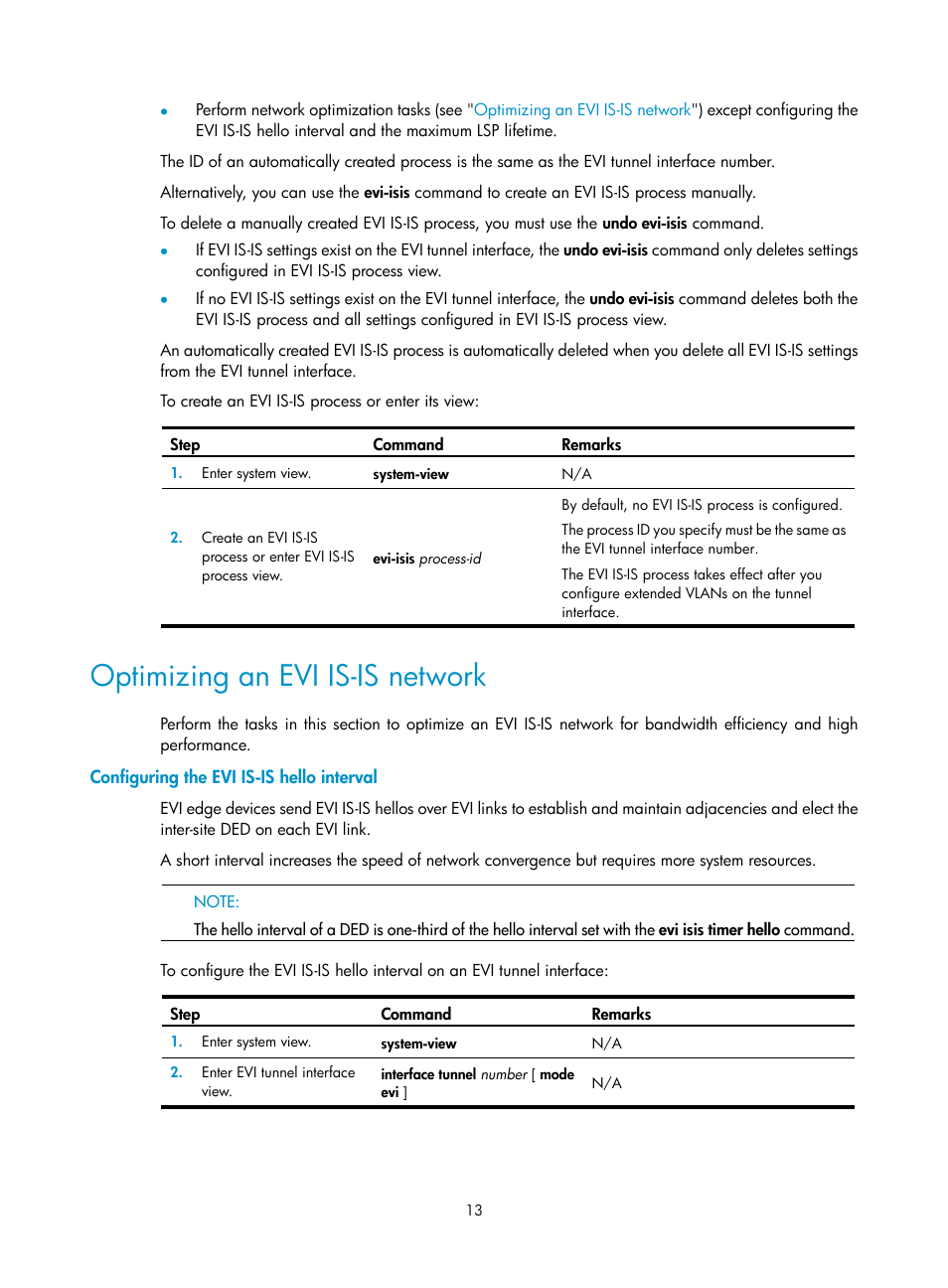 Optimizing an evi is-is network, Configuring the evi is-is hello interval | H3C Technologies H3C S12500-X Series Switches User Manual | Page 19 / 41