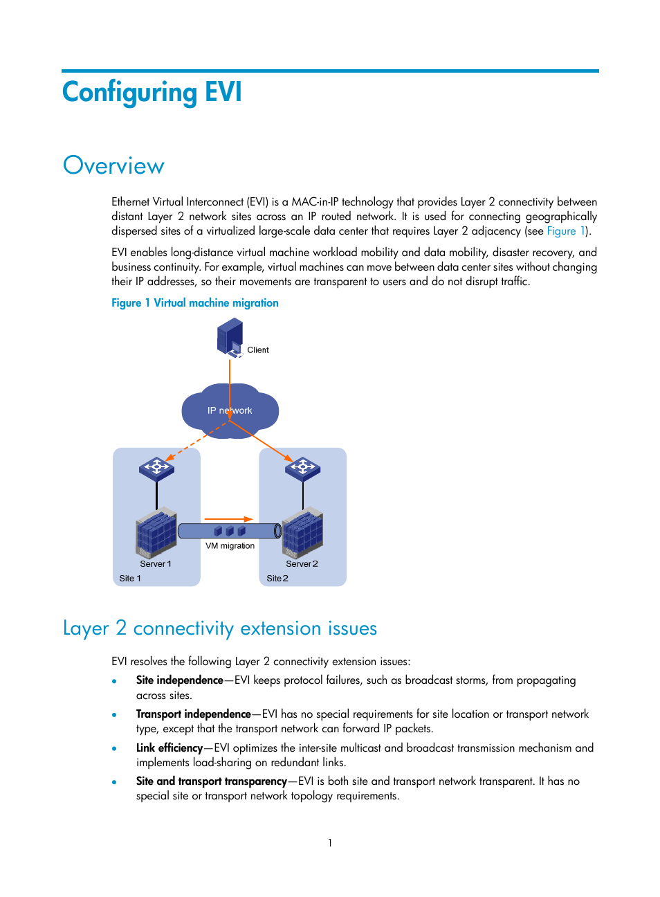 Configuring evi, Overview, Layer 2 connectivity extension issues | H3C Technologies H3C S12500-X Series Switches User Manual | Page 7 / 41