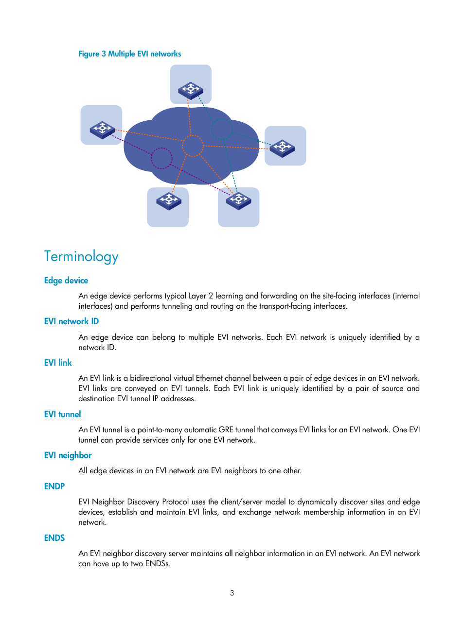 Terminology, Edge device, Evi network id | Evi link, Evi tunnel, Evi neighbor, Endp, Ends, Figure 3 | H3C Technologies H3C S12500-X Series Switches User Manual | Page 9 / 41