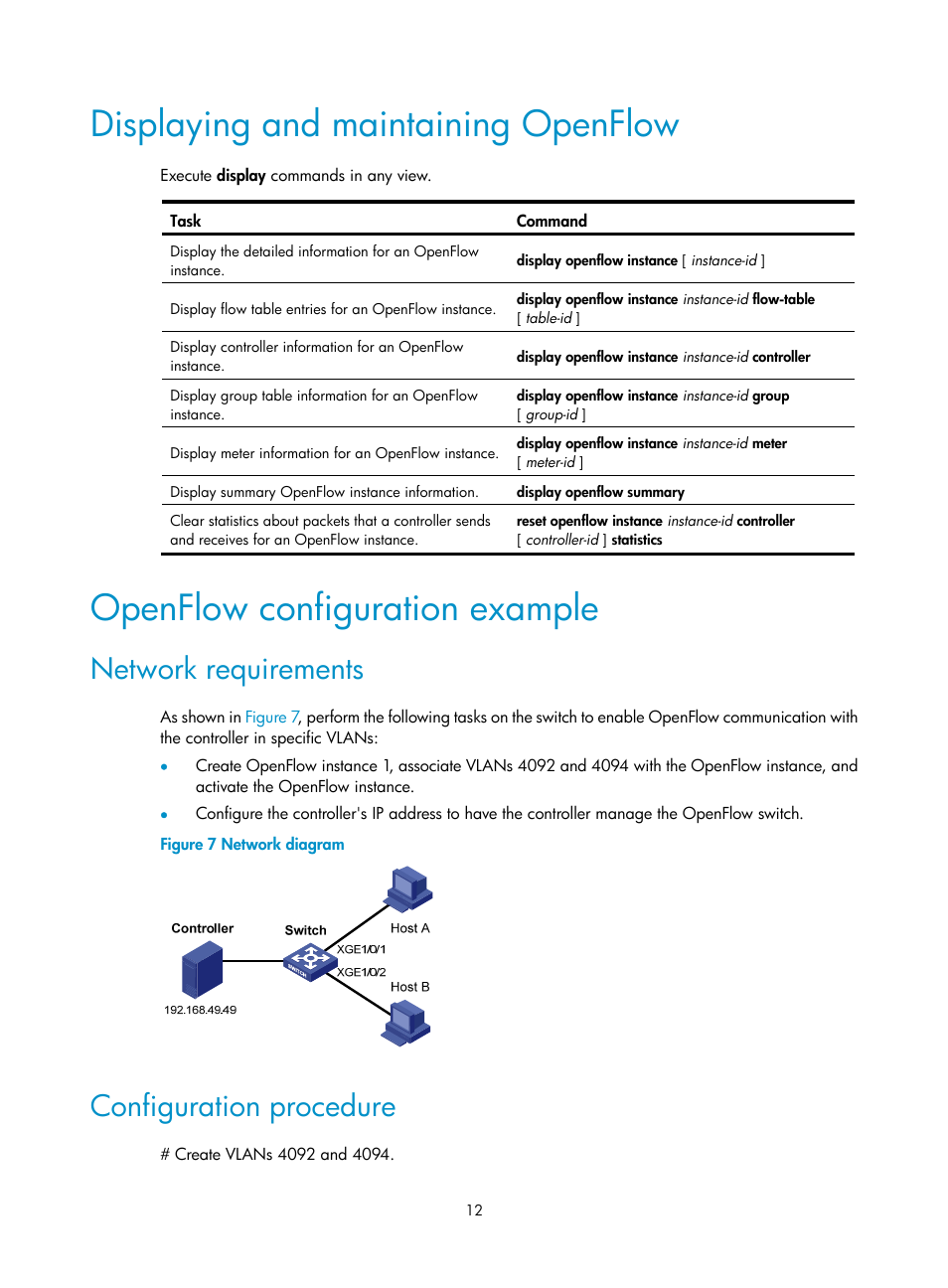 Displaying and maintaining openflow, Openflow configuration example, Network requirements | Configuration procedure | H3C Technologies H3C S12500-X Series Switches User Manual | Page 18 / 21