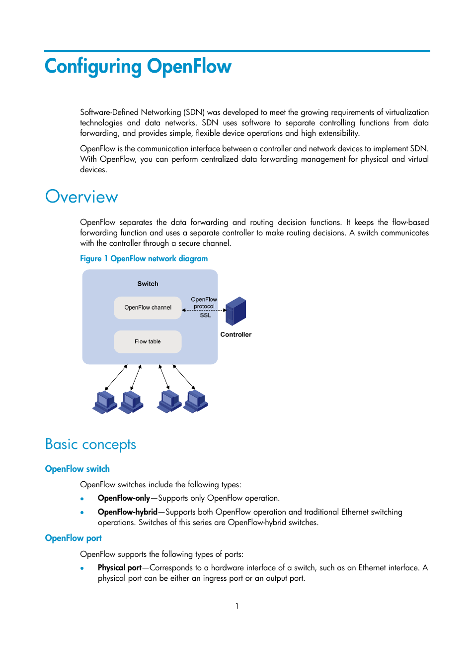 Configuring openflow, Overview, Basic concepts | Openflow switch, Openflow port | H3C Technologies H3C S12500-X Series Switches User Manual | Page 7 / 21