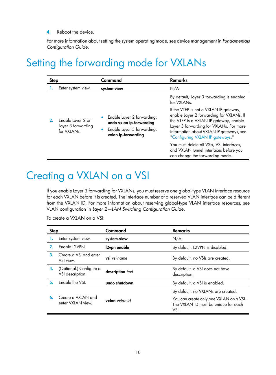 Setting the forwarding mode for vxlans, Creating a vxlan on a vsi | H3C Technologies H3C S12500-X Series Switches User Manual | Page 17 / 95