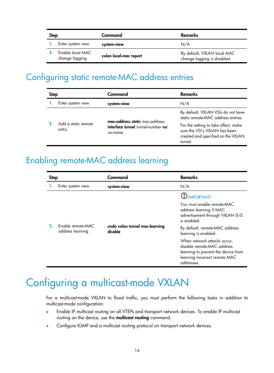 Configuring static remote-mac address entries, Enabling remote-mac address learning, Configuring a multicast-mode vxlan | H3C Technologies H3C S12500-X Series Switches User Manual | Page 21 / 95