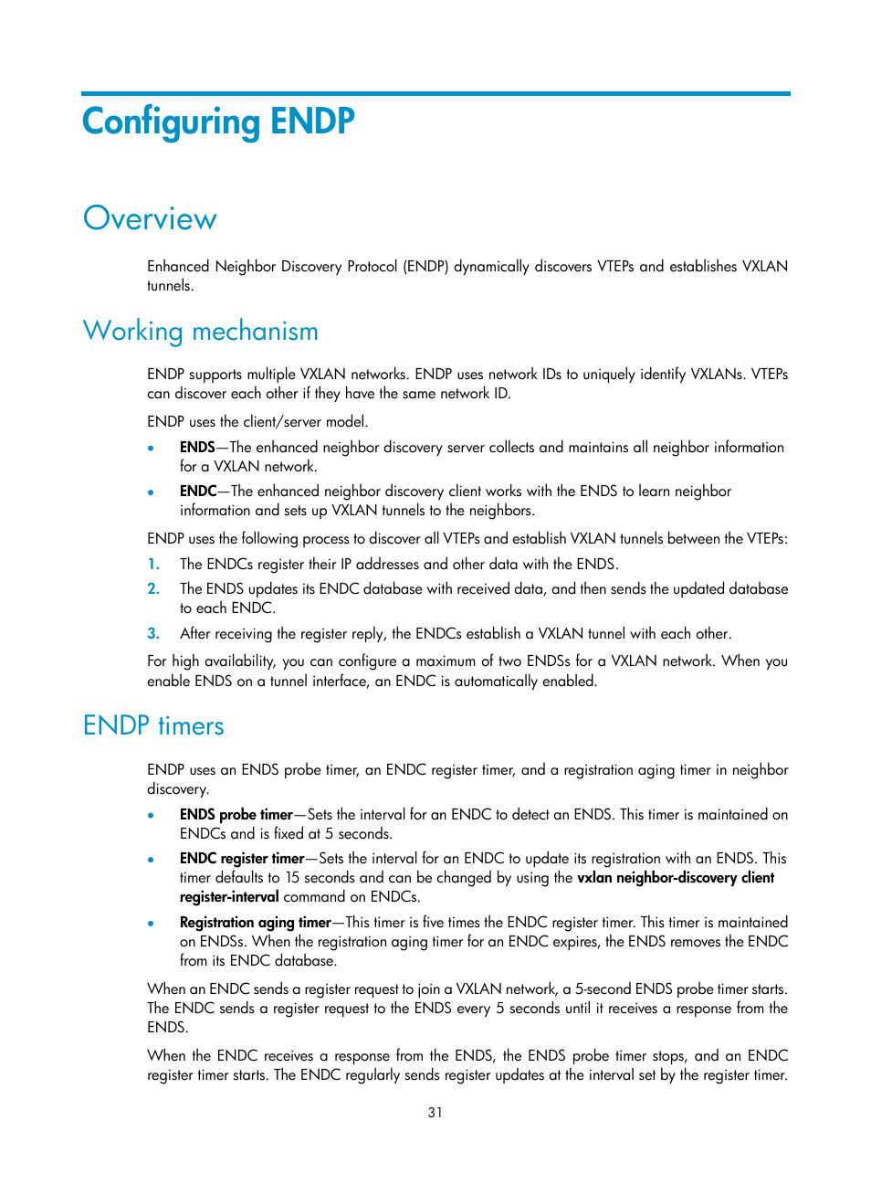 Configuring endp, Overview, Working mechanism | Endp timers | H3C Technologies H3C S12500-X Series Switches User Manual | Page 38 / 95