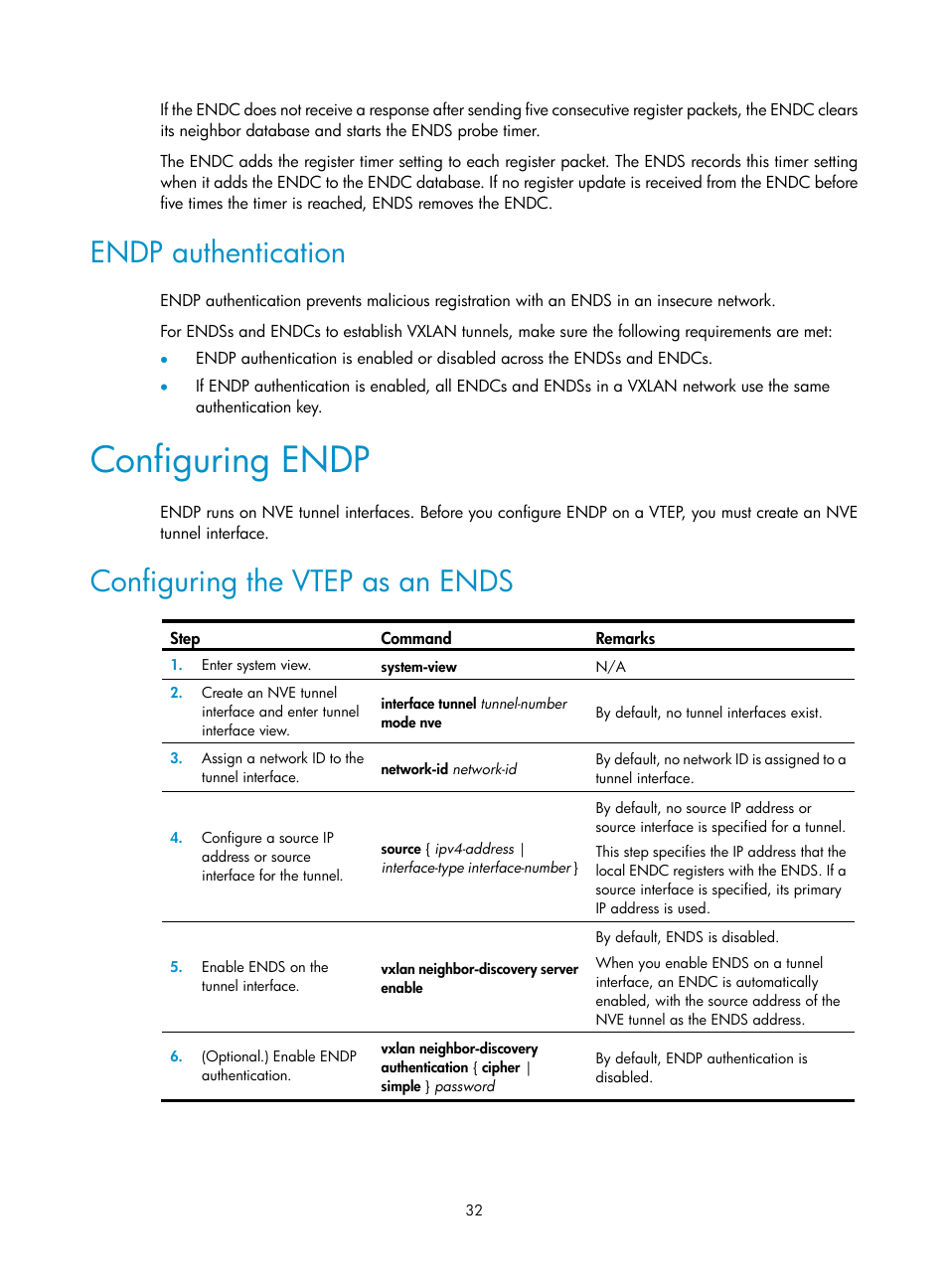 Endp authentication, Configuring endp, Configuring the vtep as an ends | H3C Technologies H3C S12500-X Series Switches User Manual | Page 39 / 95