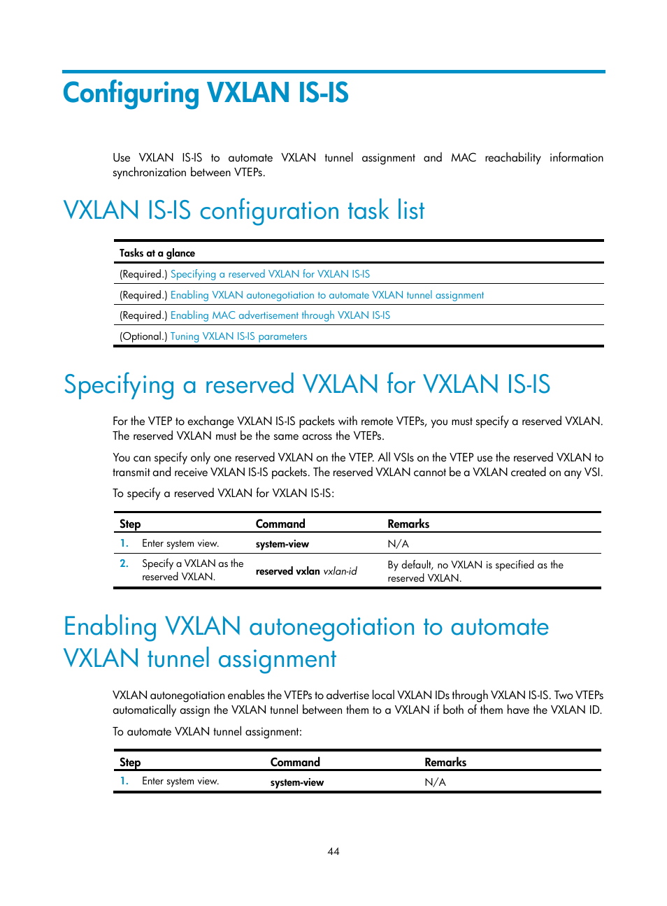 Configuring vxlan is-is, Vxlan is-is configuration task list, Specifying a reserved vxlan for vxlan is-is | H3C Technologies H3C S12500-X Series Switches User Manual | Page 51 / 95