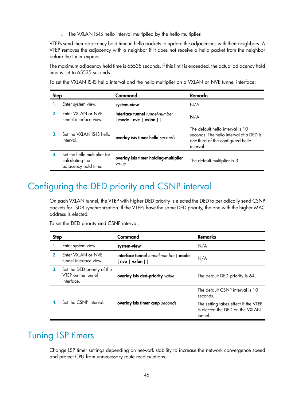 Configuring the ded priority and csnp interval, Tuning lsp timers | H3C Technologies H3C S12500-X Series Switches User Manual | Page 53 / 95