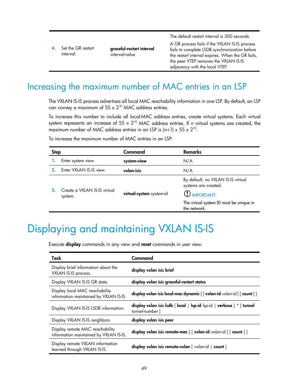 Displaying and maintaining vxlan is-is | H3C Technologies H3C S12500-X Series Switches User Manual | Page 56 / 95