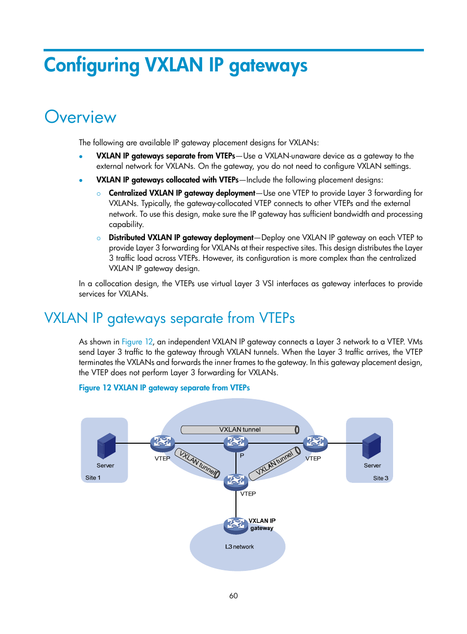 Configuring vxlan ip gateways, Overview, Vxlan ip gateways separate from vteps | H3C Technologies H3C S12500-X Series Switches User Manual | Page 67 / 95