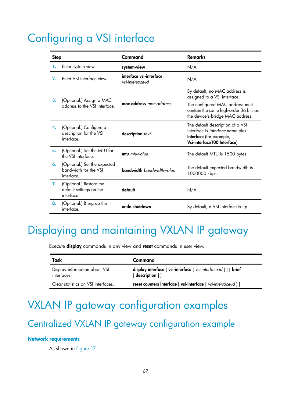 Configuring a vsi interface, Displaying and maintaining vxlan ip gateway, Vxlan ip gateway configuration examples | Centralized vxlan ip gateway configuration example, Network requirements | H3C Technologies H3C S12500-X Series Switches User Manual | Page 74 / 95