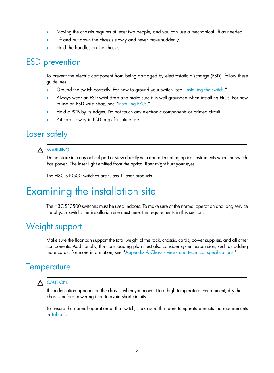 Esd prevention, Laser safety, Examining the installation site | Weight support, Temperature | H3C Technologies H3C S10500 Series Switches User Manual | Page 10 / 115