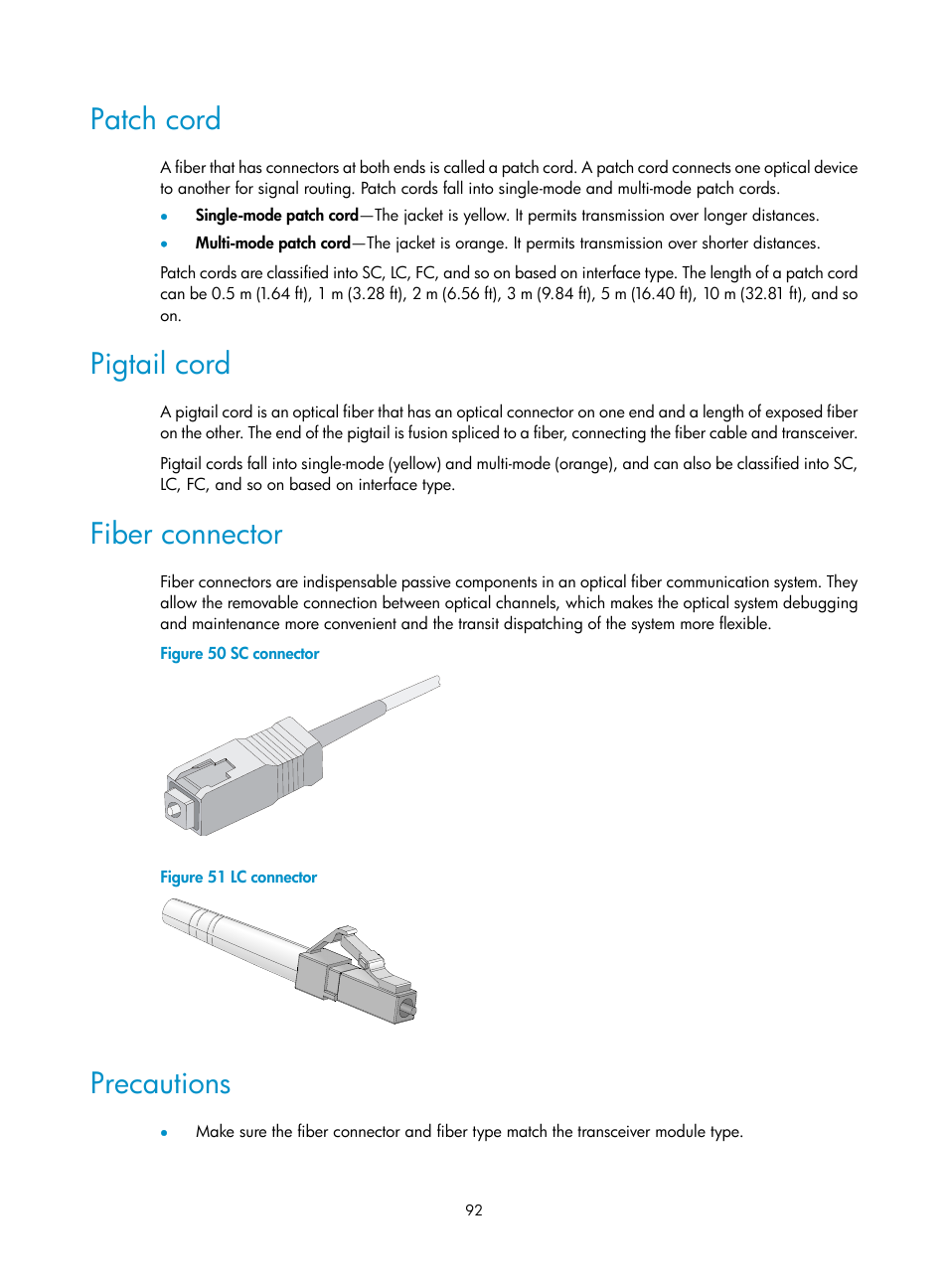 Patch cord, Pigtail cord, Fiber connector | Precautions | H3C Technologies H3C S10500 Series Switches User Manual | Page 100 / 115