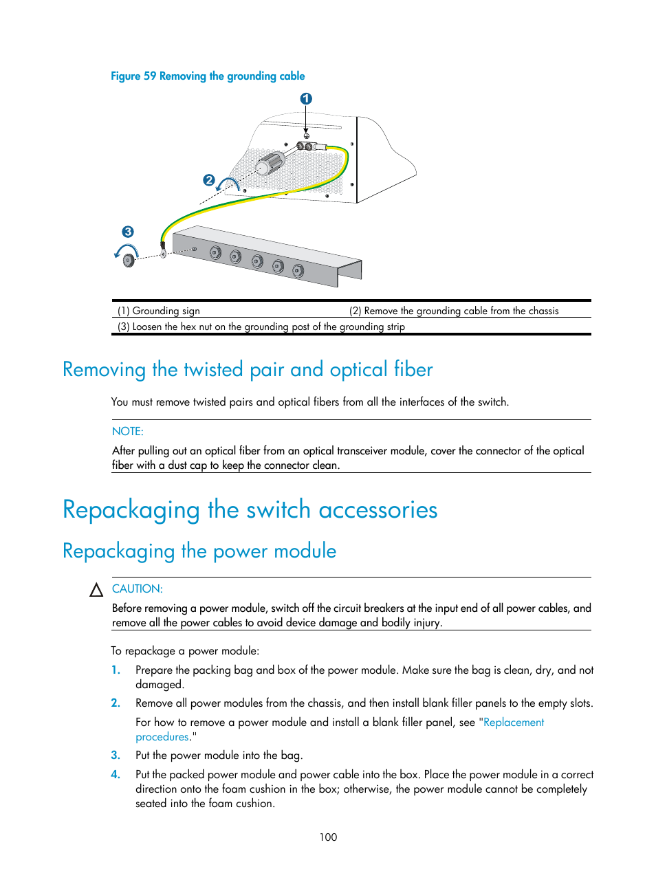 Removing the twisted pair and optical fiber, Repackaging the switch accessories, Repackaging the power module | H3C Technologies H3C S10500 Series Switches User Manual | Page 108 / 115