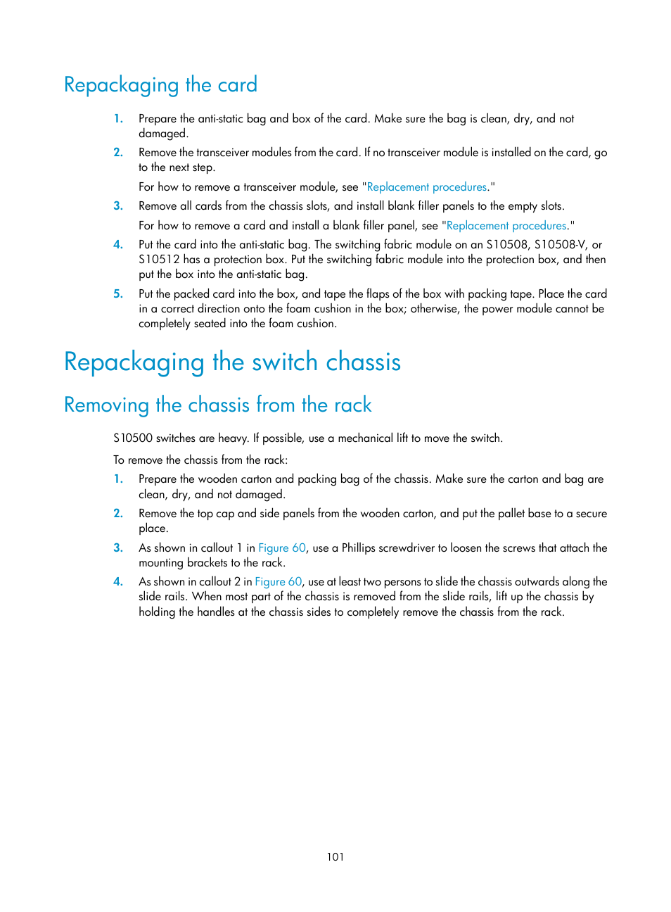 Repackaging the card, Repackaging the switch chassis, Removing the chassis from the rack | H3C Technologies H3C S10500 Series Switches User Manual | Page 109 / 115