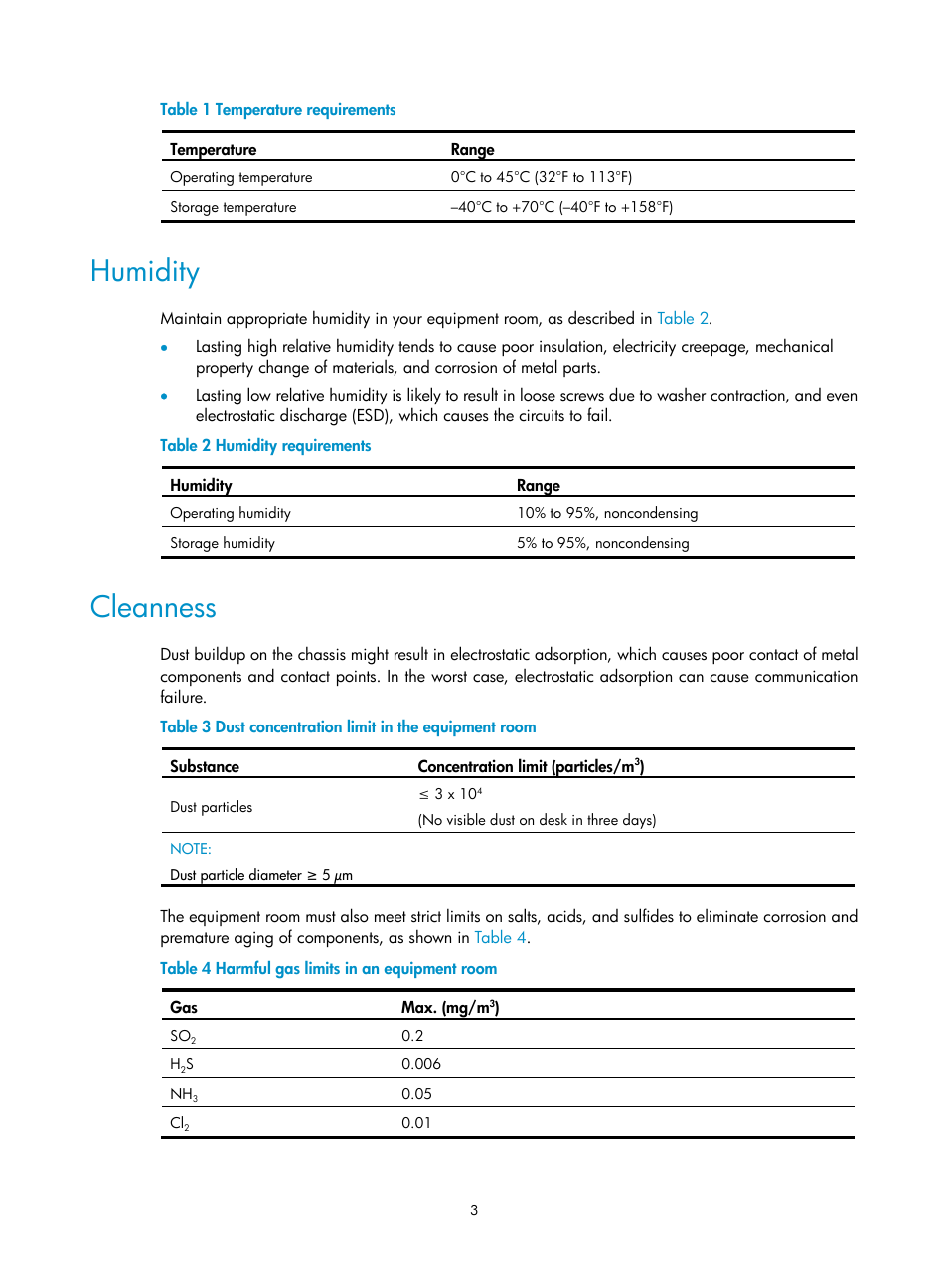 Humidity, Cleanness, Table 1 | H3C Technologies H3C S10500 Series Switches User Manual | Page 11 / 115