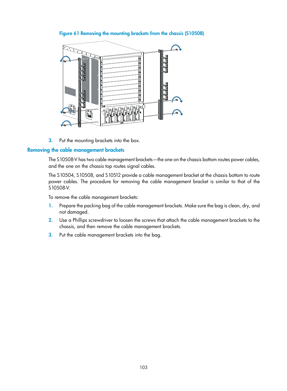 Removing the cable management brackets | H3C Technologies H3C S10500 Series Switches User Manual | Page 111 / 115