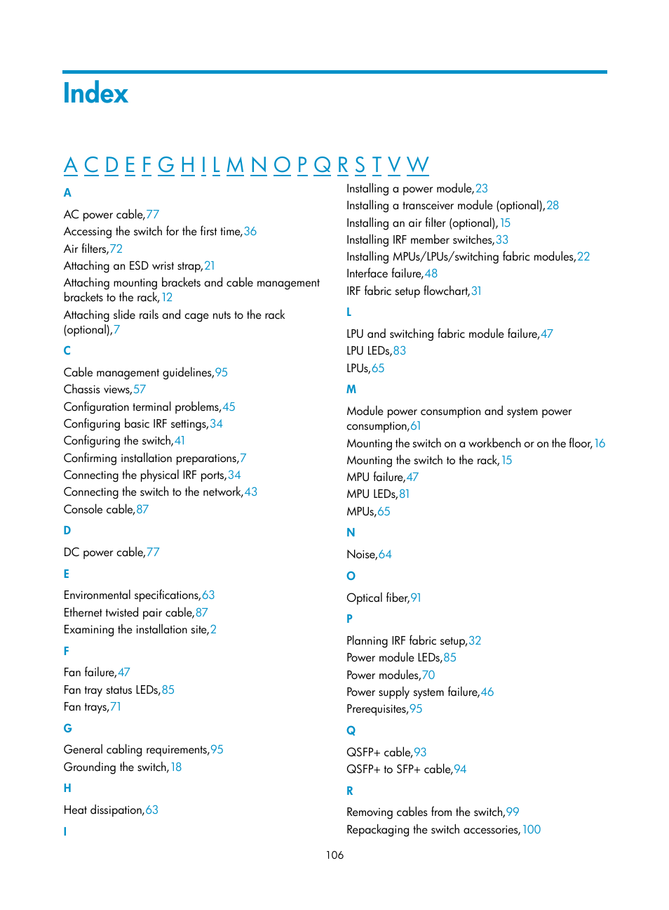 Index | H3C Technologies H3C S10500 Series Switches User Manual | Page 114 / 115