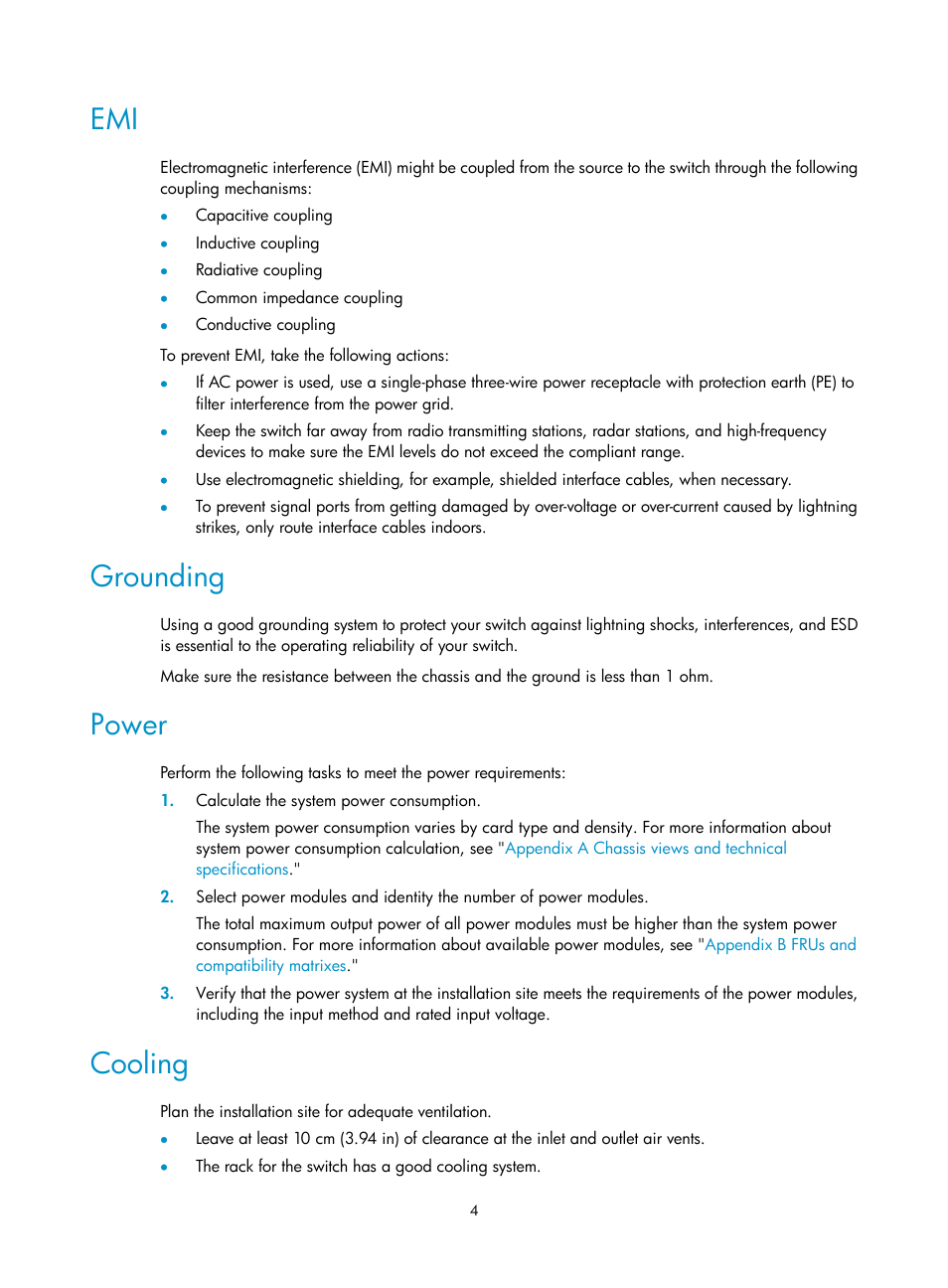 Grounding, Power, Cooling | H3C Technologies H3C S10500 Series Switches User Manual | Page 12 / 115