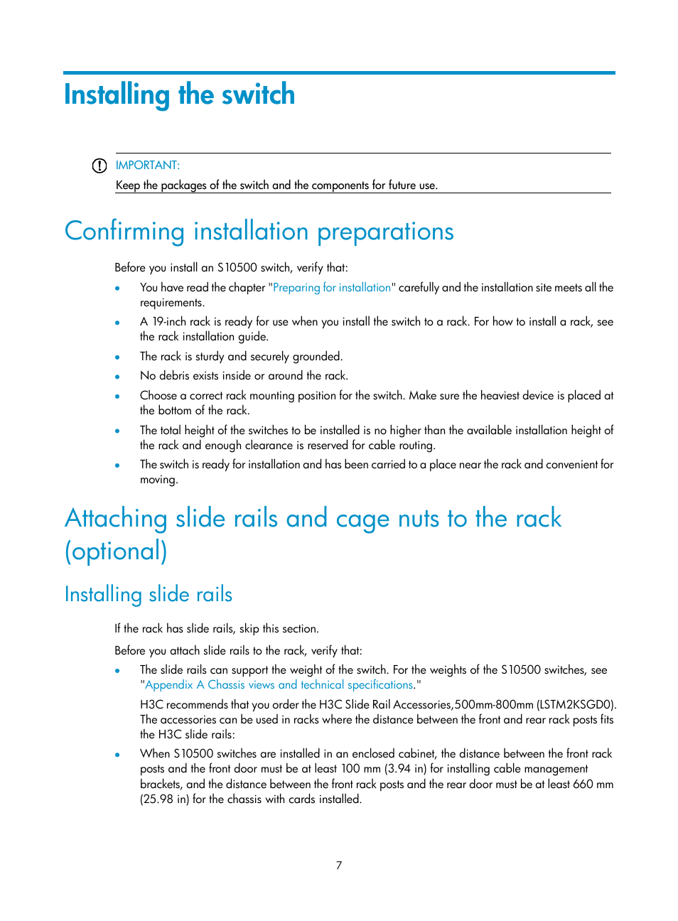 Installing the switch, Confirming installation preparations, Installing slide rails | H3C Technologies H3C S10500 Series Switches User Manual | Page 15 / 115