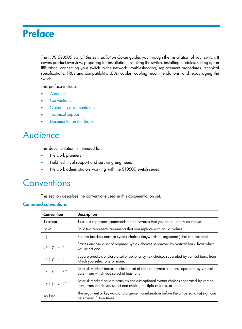 Preface, Audience, Conventions | Command conventions | H3C Technologies H3C S10500 Series Switches User Manual | Page 3 / 115