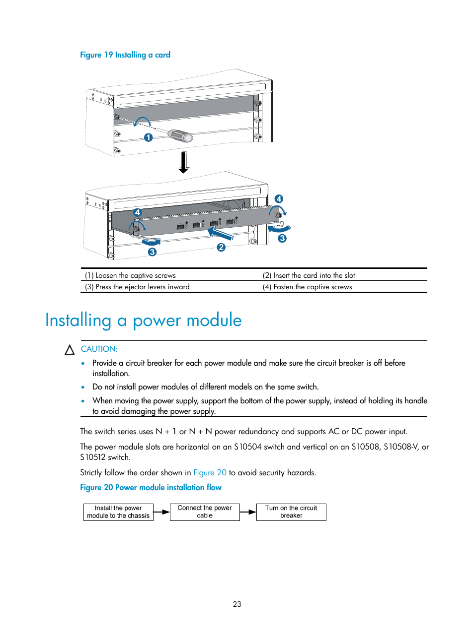 Installing a power module, Figure 19, Hold the c | Pres, Own in callout 4 on | H3C Technologies H3C S10500 Series Switches User Manual | Page 31 / 115