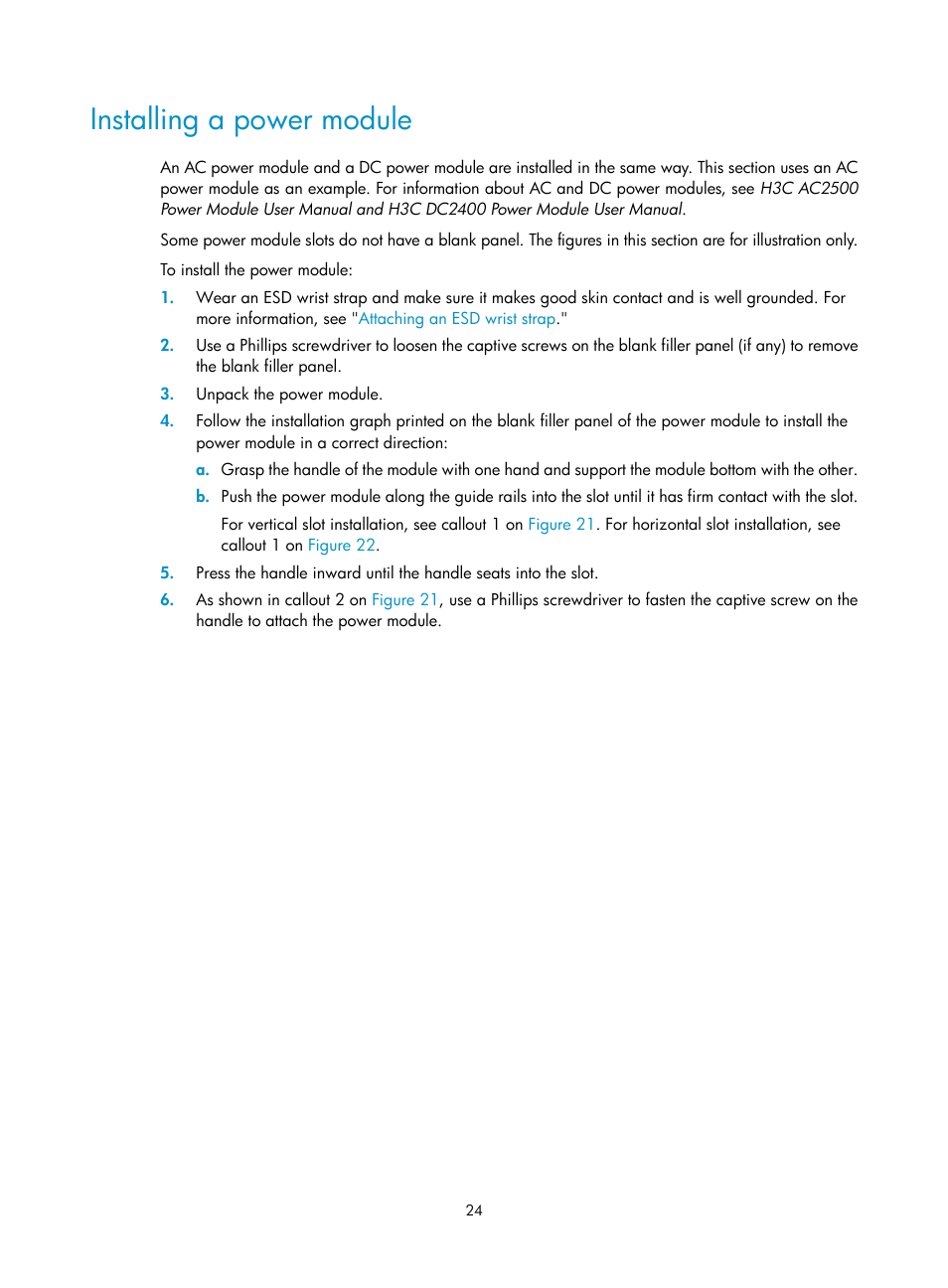 Installing a power module | H3C Technologies H3C S10500 Series Switches User Manual | Page 32 / 115