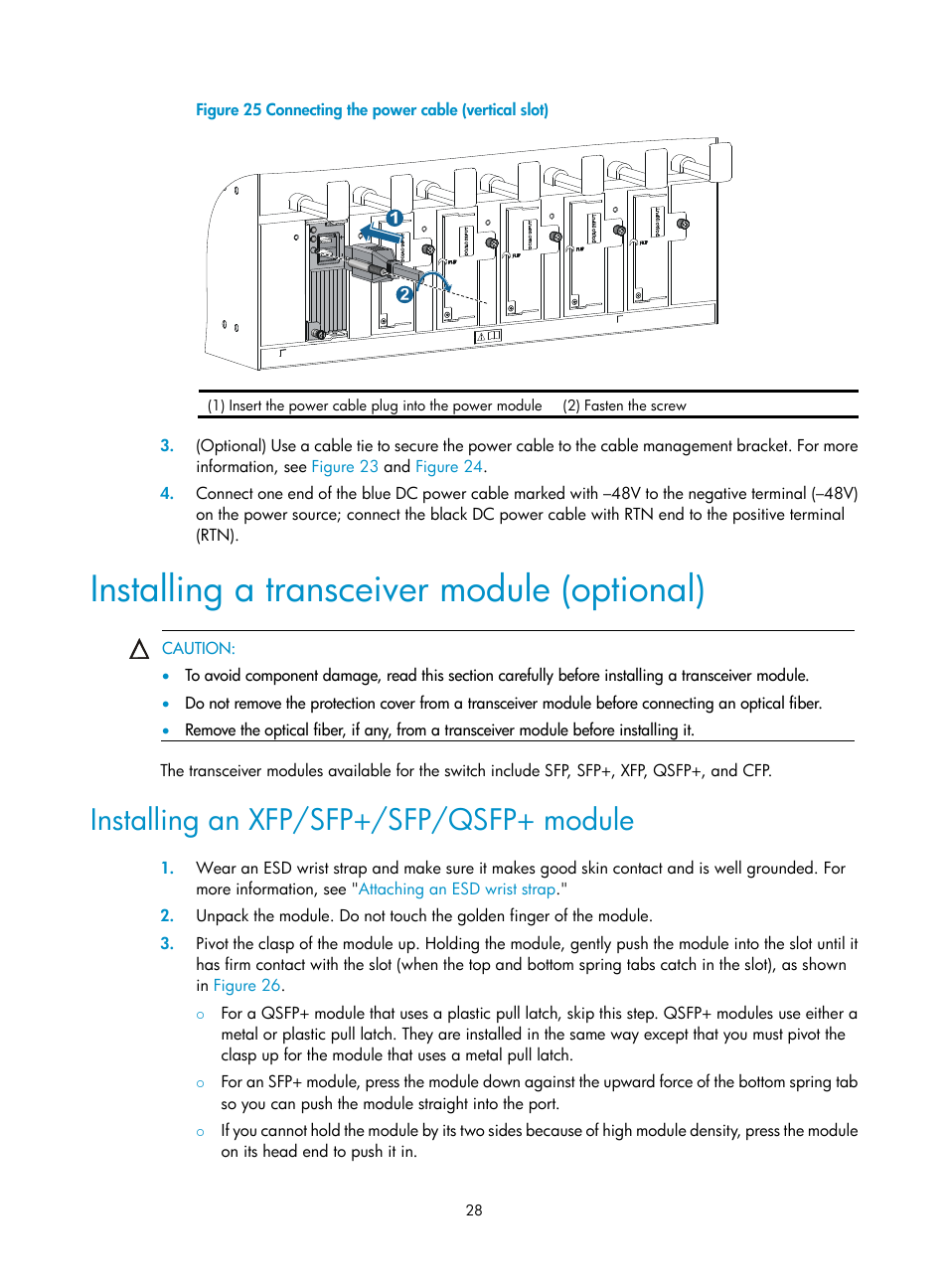 Installing a transceiver module (optional), Installing an xfp/sfp+/sfp/qsfp+ module | H3C Technologies H3C S10500 Series Switches User Manual | Page 36 / 115