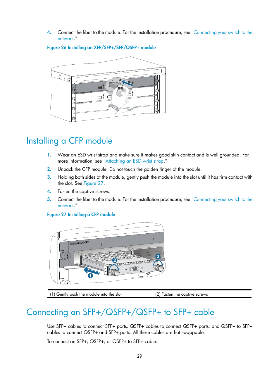 Installing a cfp module, Connecting an sfp+/qsfp+/qsfp+ to sfp+ cable, Figure 26 | H3C Technologies H3C S10500 Series Switches User Manual | Page 37 / 115