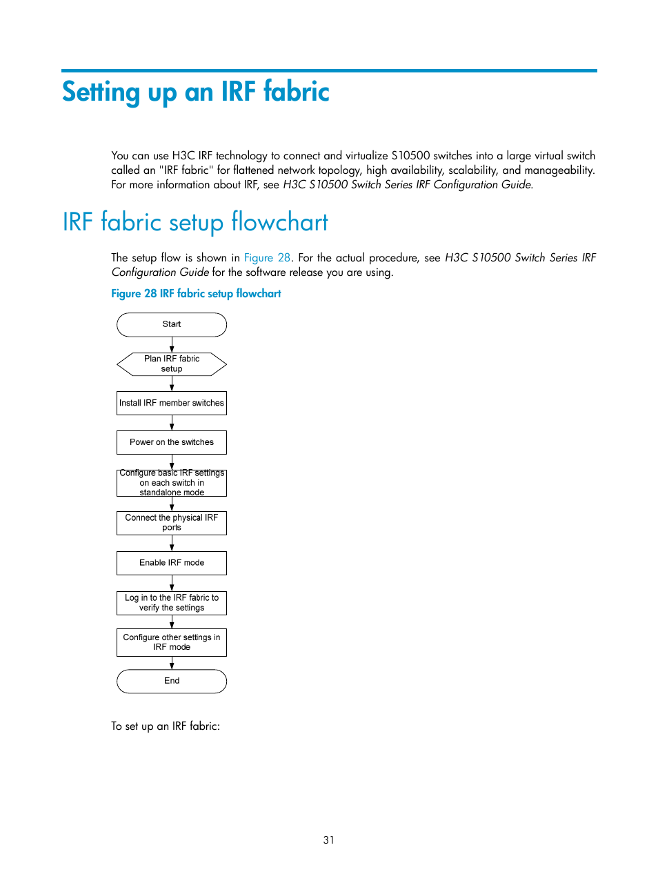Setting up an irf fabric, Irf fabric setup flowchart | H3C Technologies H3C S10500 Series Switches User Manual | Page 39 / 115